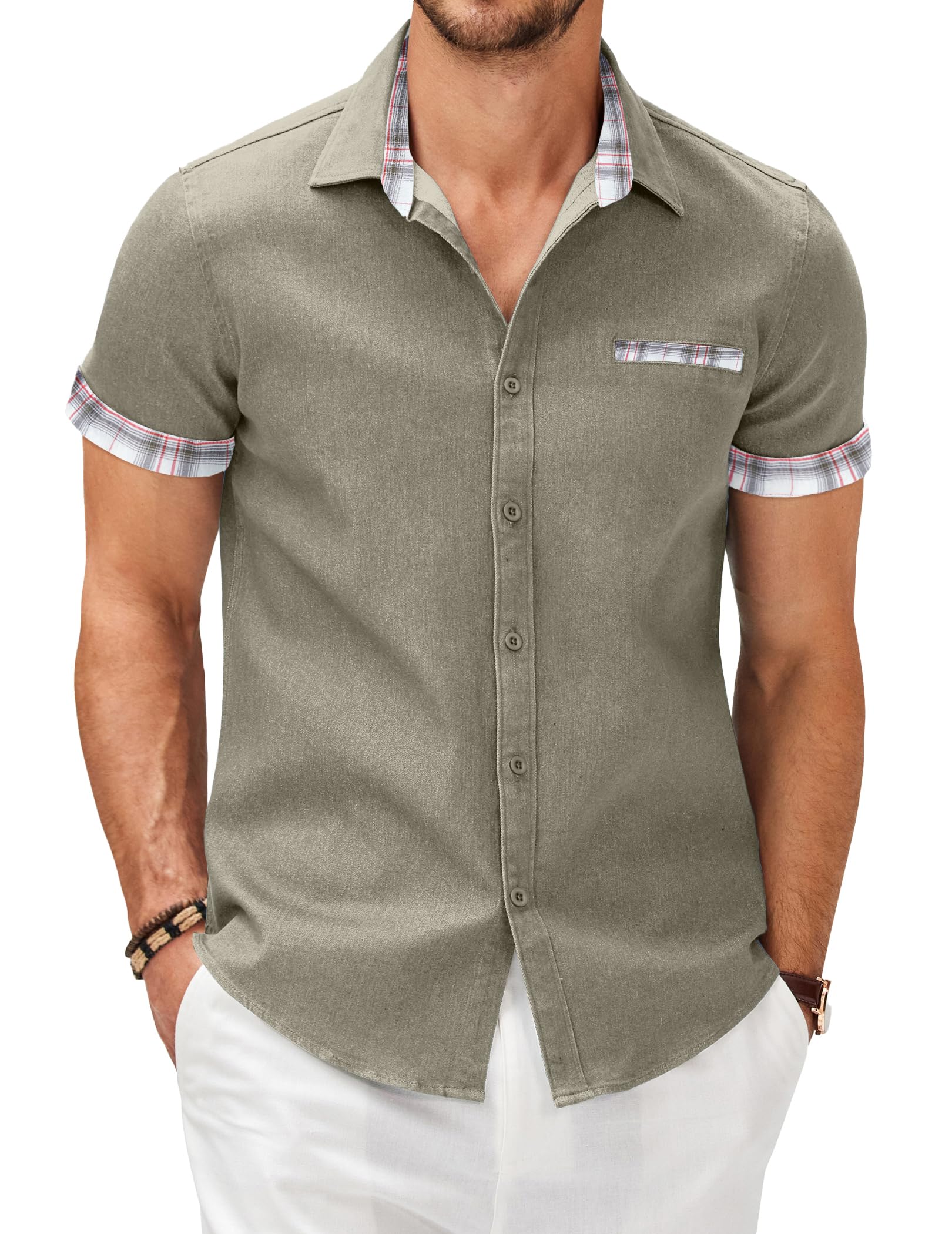 COOFANDY Men's Cotton Casual Short Sleeve Button Down Shirt Plaid Collar Denim Work Shirts