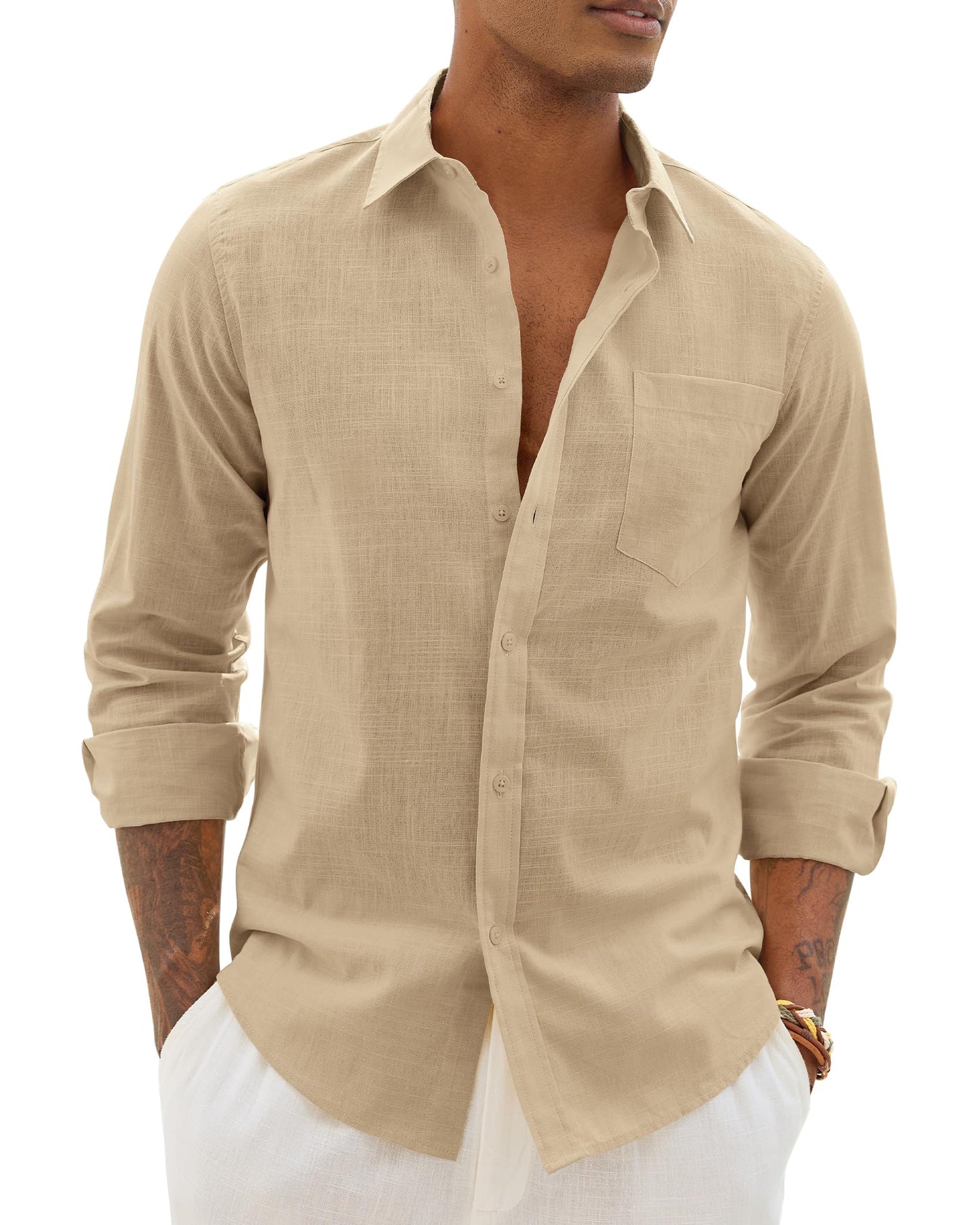Alimens & Gentle Mens Cotton Linen Textured Shirt Long Sleeve Button Down Shirts Casual Summer Beach Wedding Tops with Pocket
