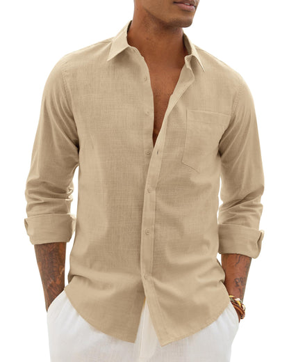 Alimens & Gentle Mens Cotton Linen Textured Shirt Long Sleeve Button Down Shirts Casual Summer Beach Wedding Tops with Pocket