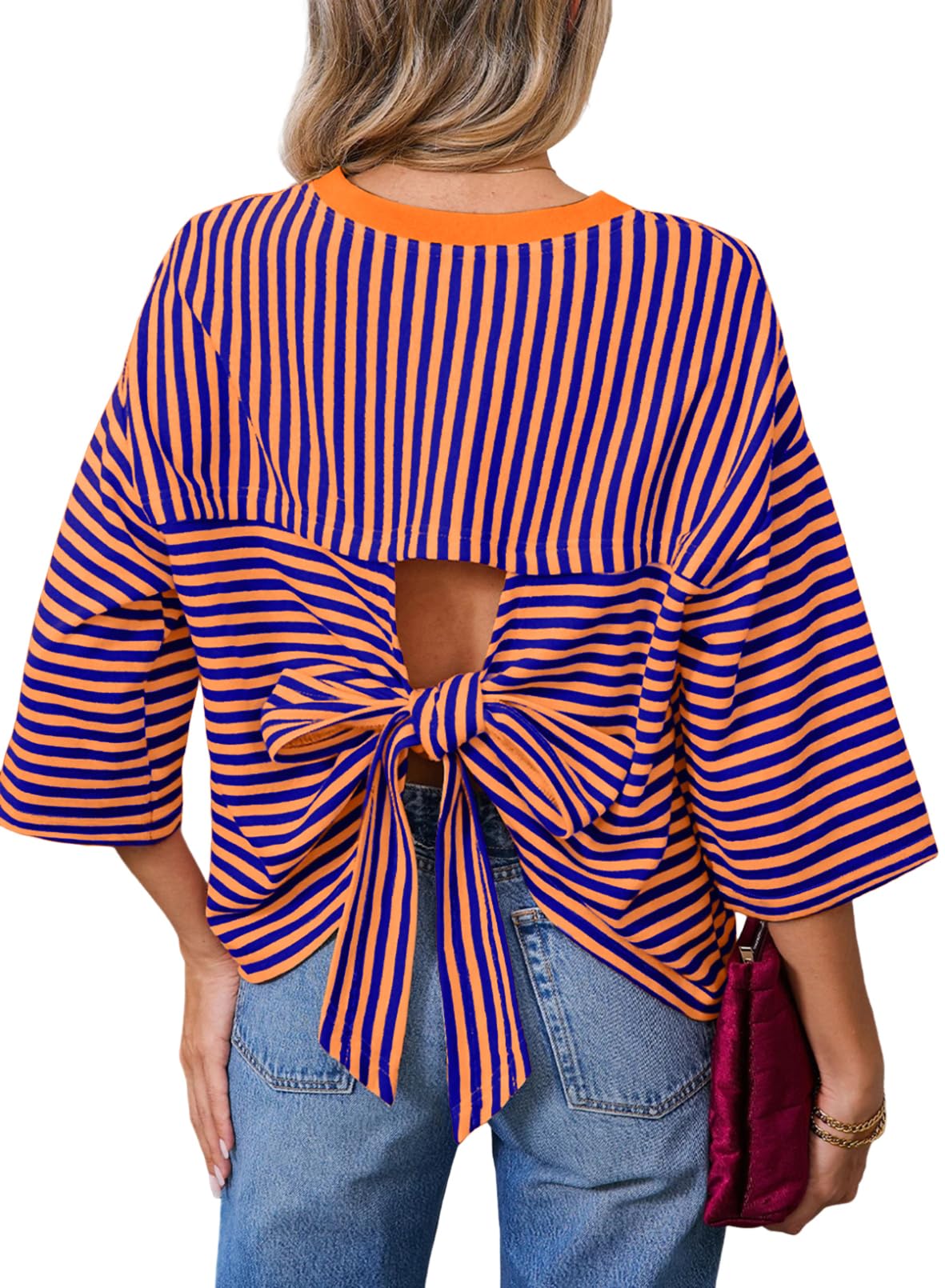 Dokotoo Womens Tops 2026 Striped Tie Back Short Sleeve T Shirts Crewneck Casual Loose Basic Tee Summer Outfits