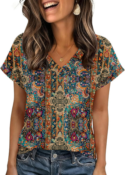 Zeagoo Womens Summer Tops Rolled Short Sleeve V Neck Shirts Casual Dressy Business Work Blouses Outfits