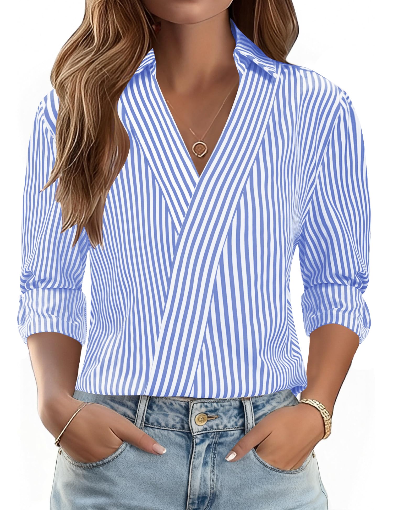 LOMON 3/4 Length Sleeve Womens Tops Dressy V Neck Collared Shirts Trendy Business Casual Work Blouses Vacation Outfits 2026