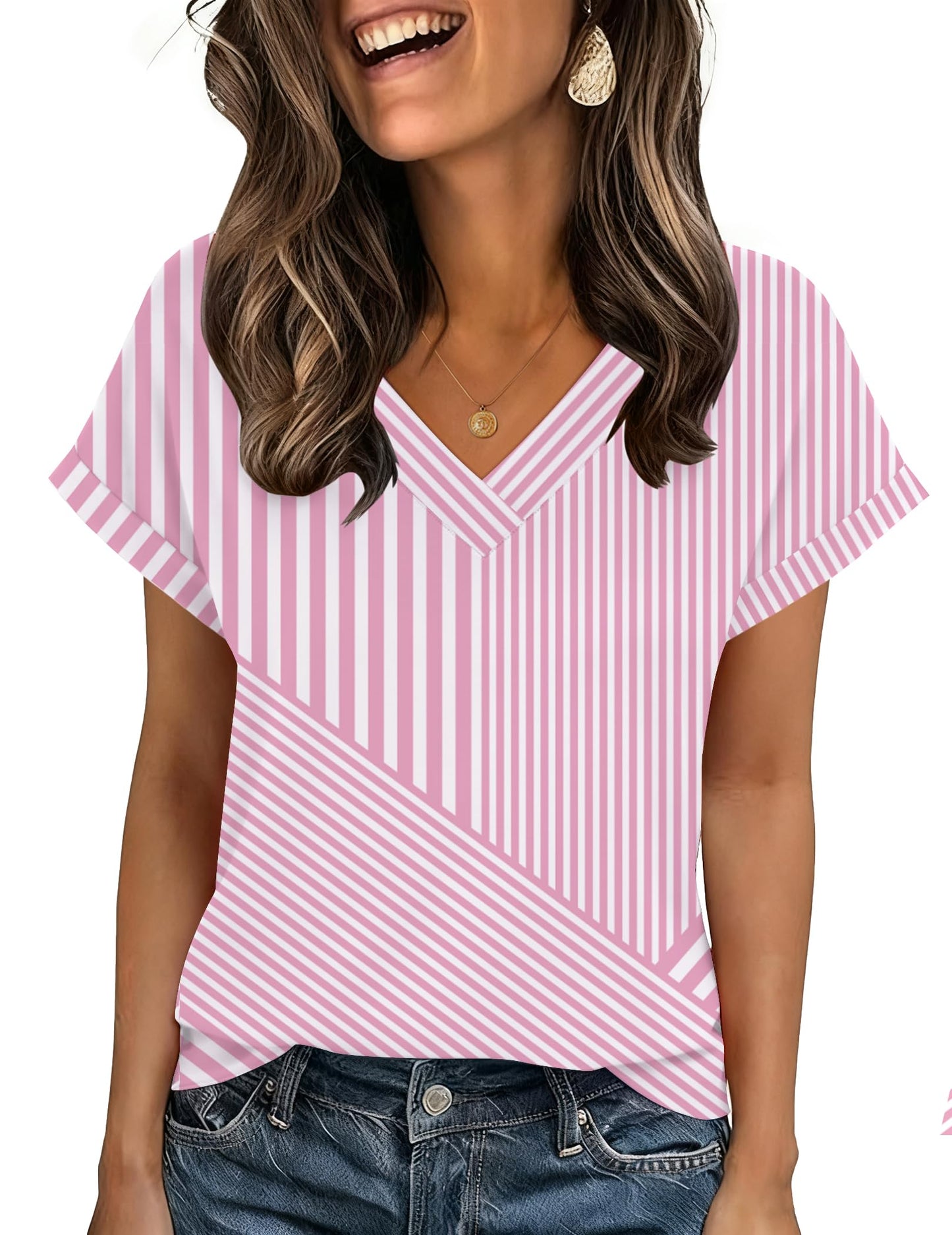 Zeagoo Womens Summer Tops Rolled Short Sleeve V Neck Shirts Casual Dressy Business Work Blouses Outfits