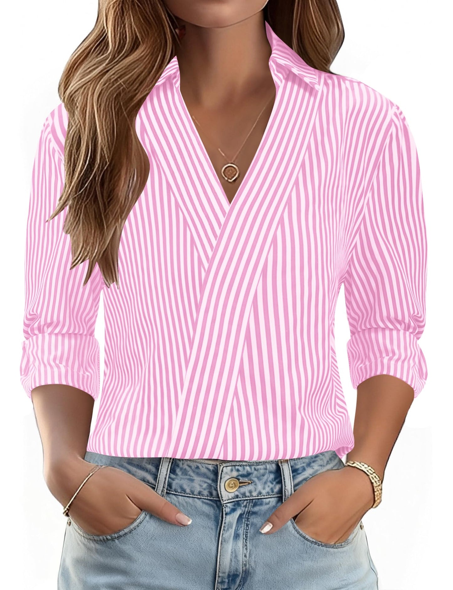 LOMON 3/4 Length Sleeve Womens Tops Dressy V Neck Collared Shirts Trendy Business Casual Work Blouses Vacation Outfits 2026
