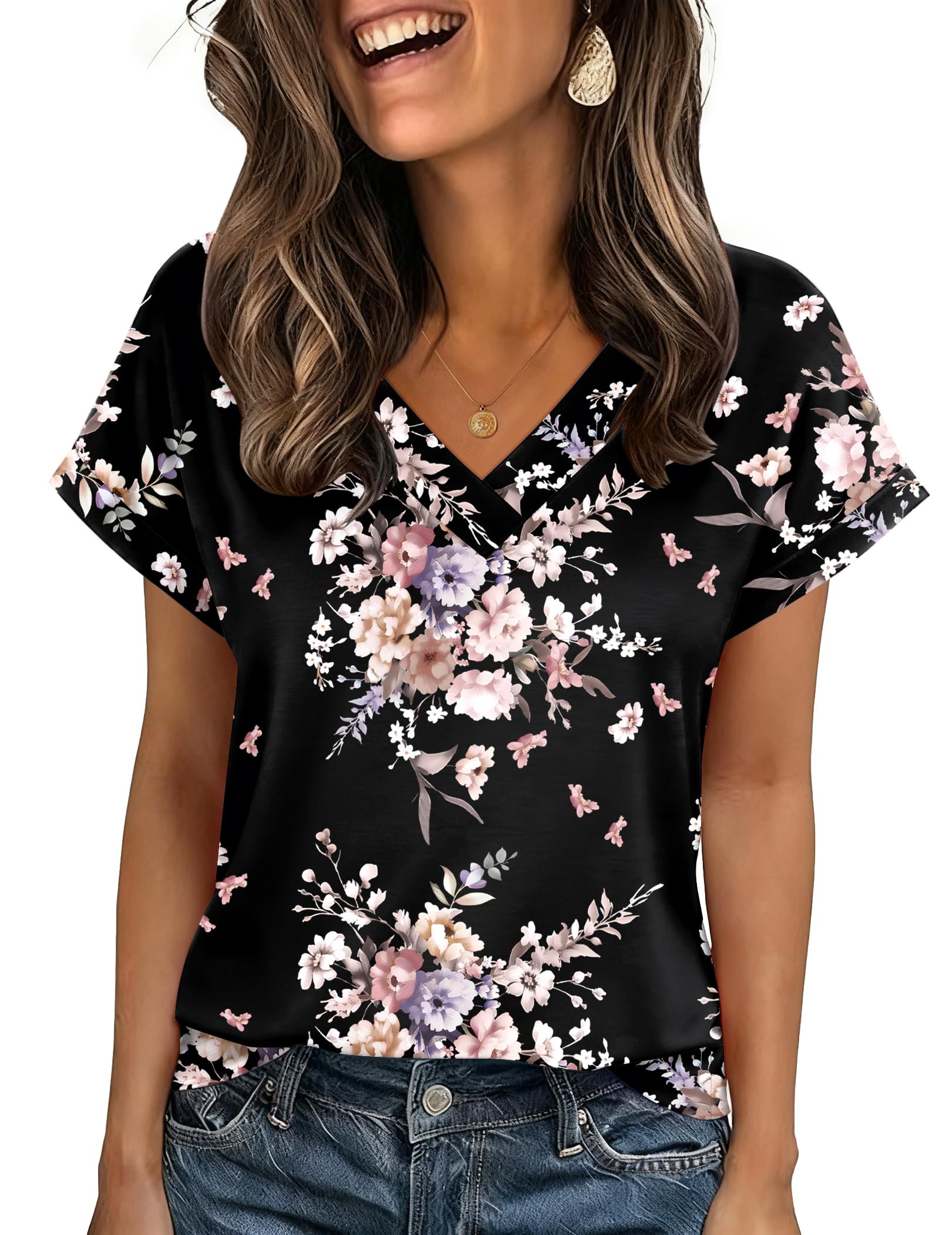 Zeagoo Womens Summer Tops Rolled Short Sleeve V Neck Shirts Casual Dressy Business Work Blouses Outfits