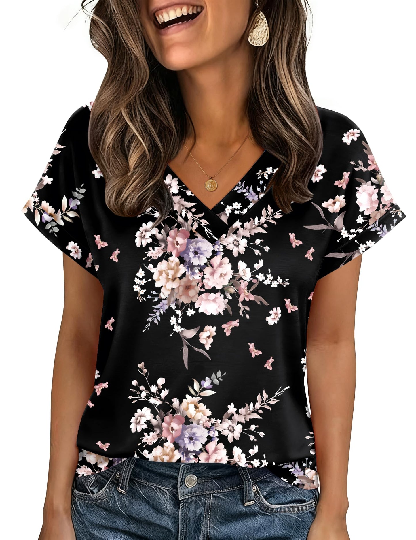Zeagoo Womens Summer Tops Rolled Short Sleeve V Neck Shirts Casual Dressy Business Work Blouses Outfits