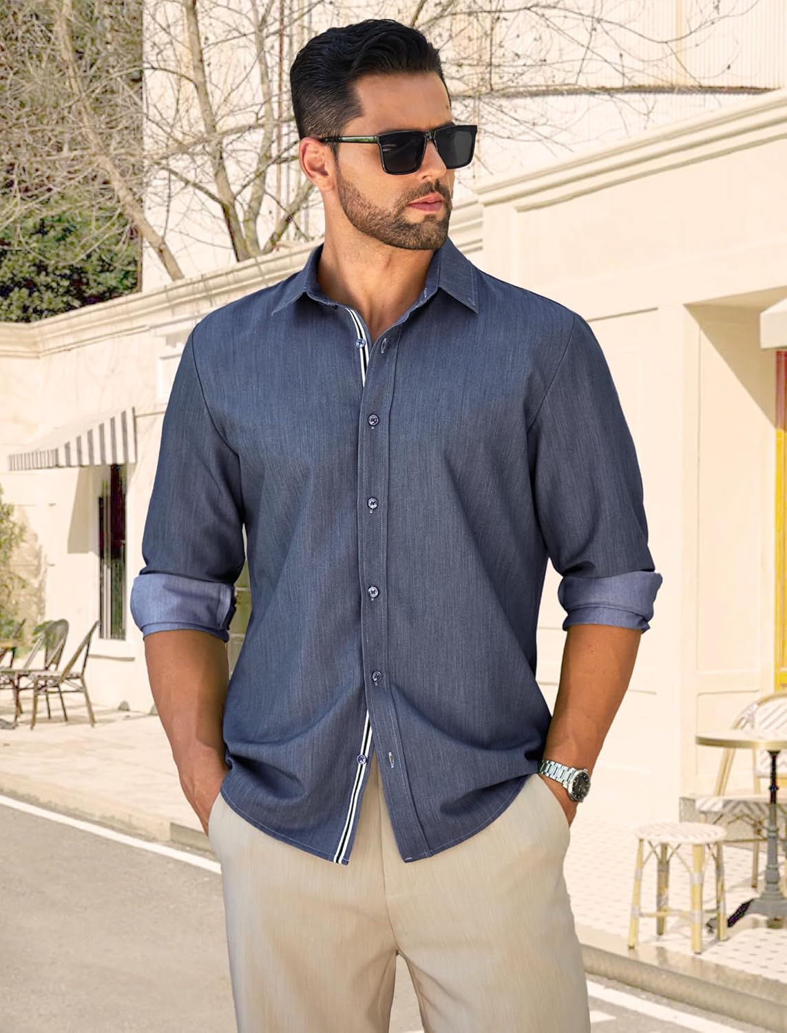 MAPICK Mens Untucked Dress Shirt Stretch Wrinkle Free Button Down Shirt Long Sleeve Business Casual Lightweight Denim Texture