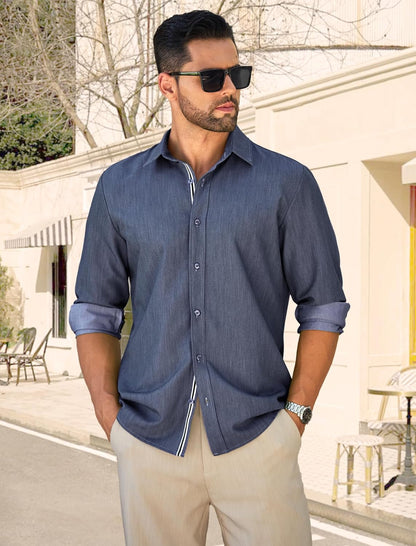 MAPICK Mens Untucked Dress Shirt Stretch Wrinkle Free Button Down Shirt Long Sleeve Business Casual Lightweight Denim Texture