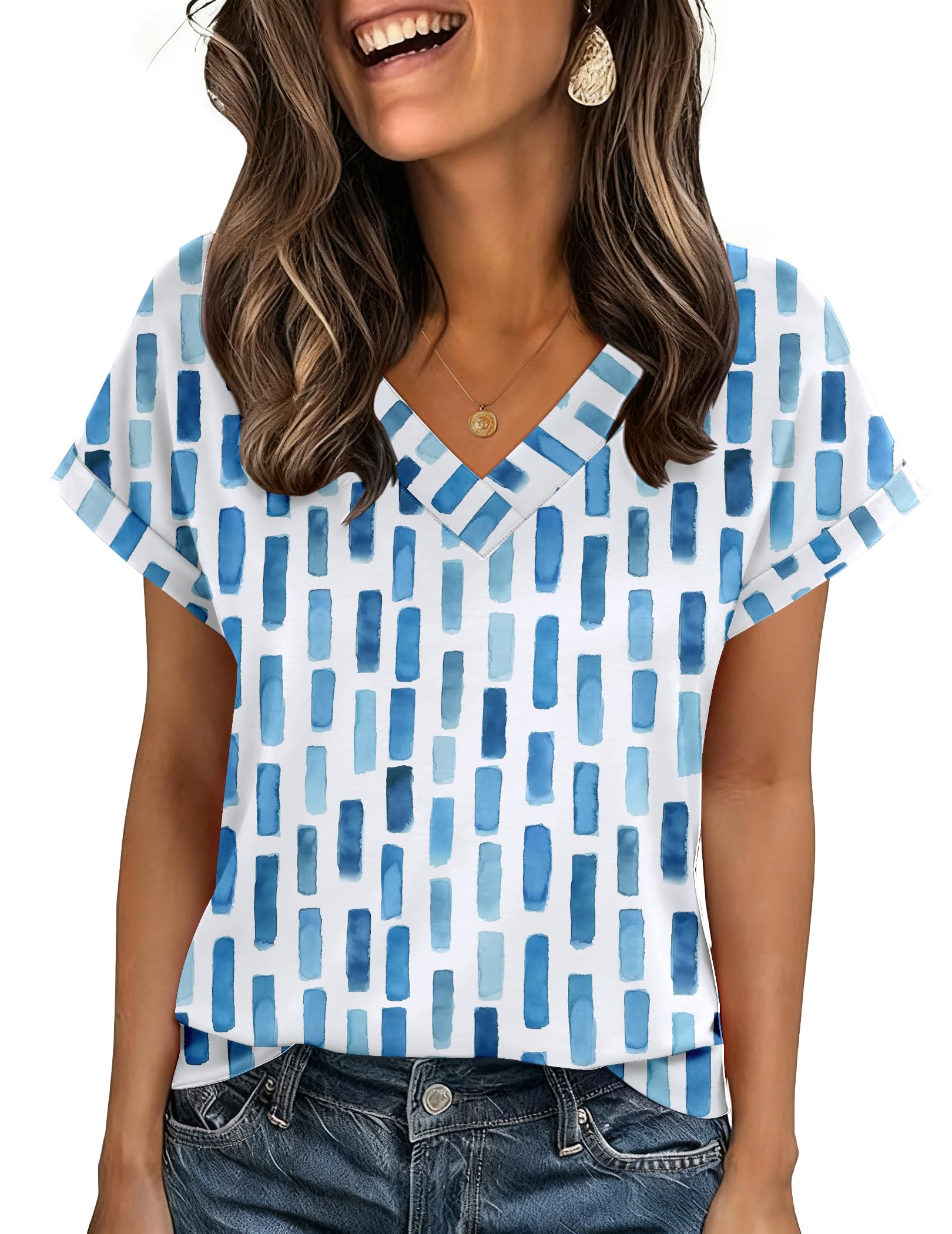 Zeagoo Womens Summer Tops Rolled Short Sleeve V Neck Shirts Casual Dressy Business Work Blouses Outfits