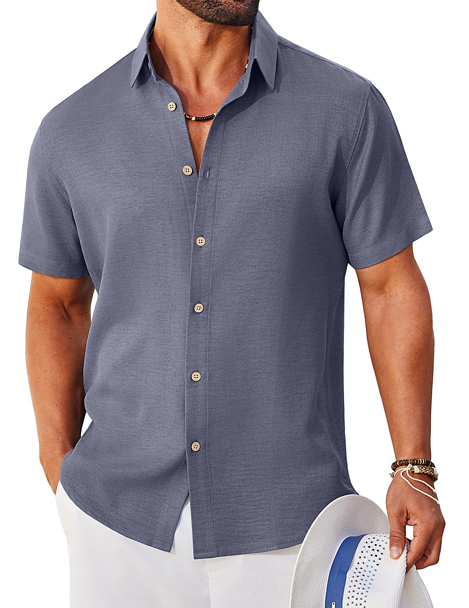 COOFANDY Mens Button Down Shirt Short Sleeve Casual Shirts Linen Textured Summer Beach Shirts