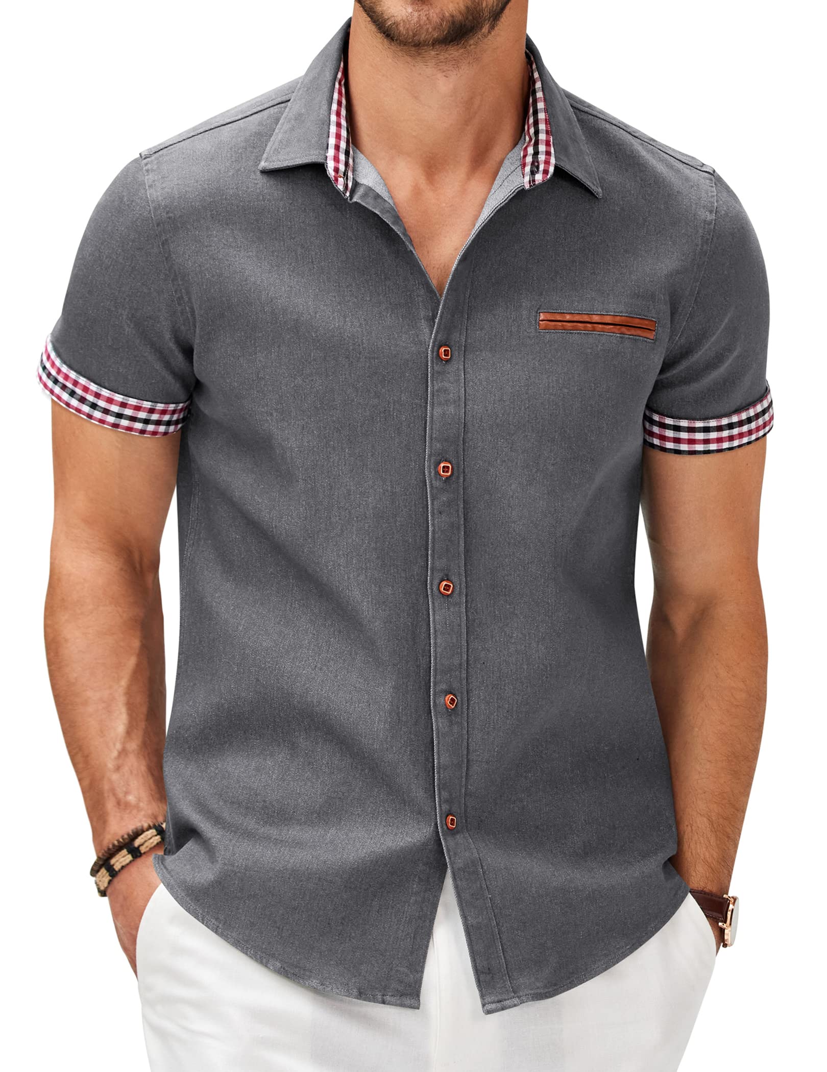 COOFANDY Men's Cotton Casual Short Sleeve Button Down Shirt Plaid Collar Denim Work Shirts