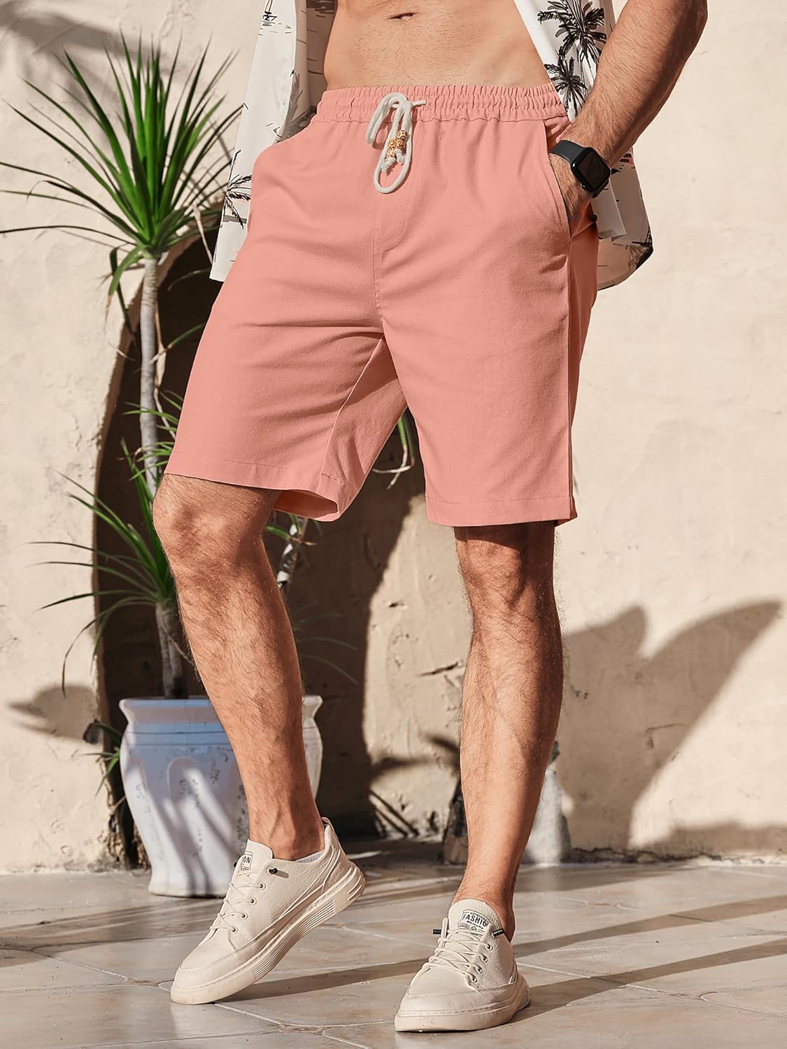 Comdecevis Men's Linen Shorts Casual Elastic Waist Drawstring Summer Beach Vacation Yoga Golf Shorts with Pockets