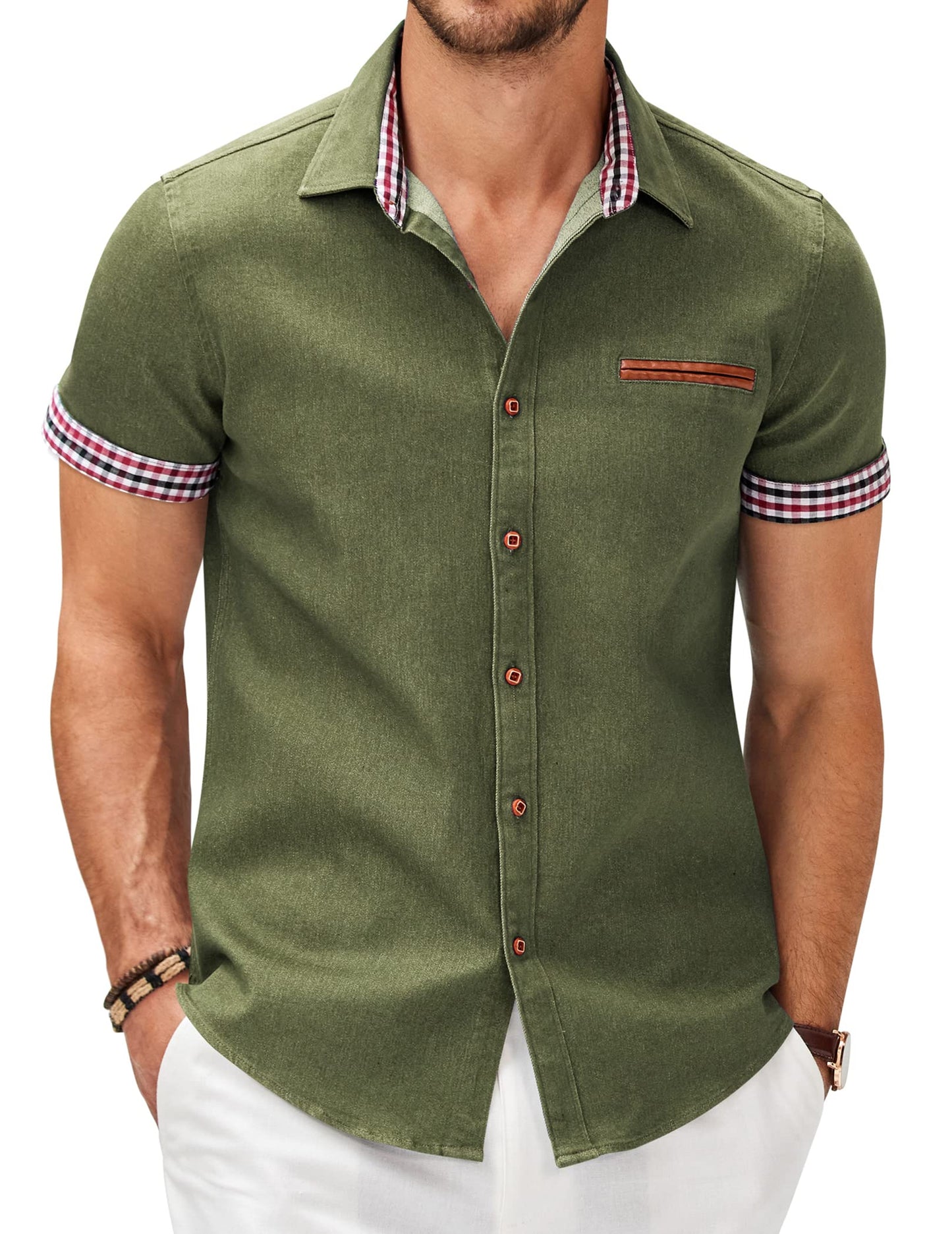 COOFANDY Men's Cotton Casual Short Sleeve Button Down Shirt Plaid Collar Denim Work Shirts