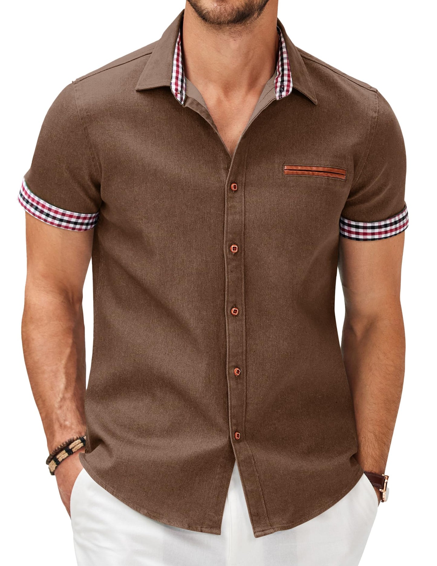 COOFANDY Men's Cotton Casual Short Sleeve Button Down Shirt Plaid Collar Denim Work Shirts