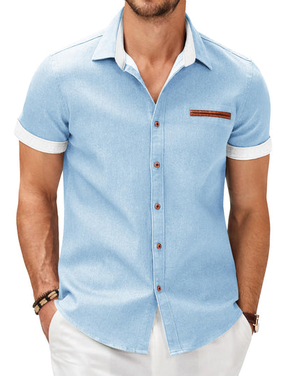 COOFANDY Men's Cotton Casual Short Sleeve Button Down Shirt Plaid Collar Denim Work Shirts