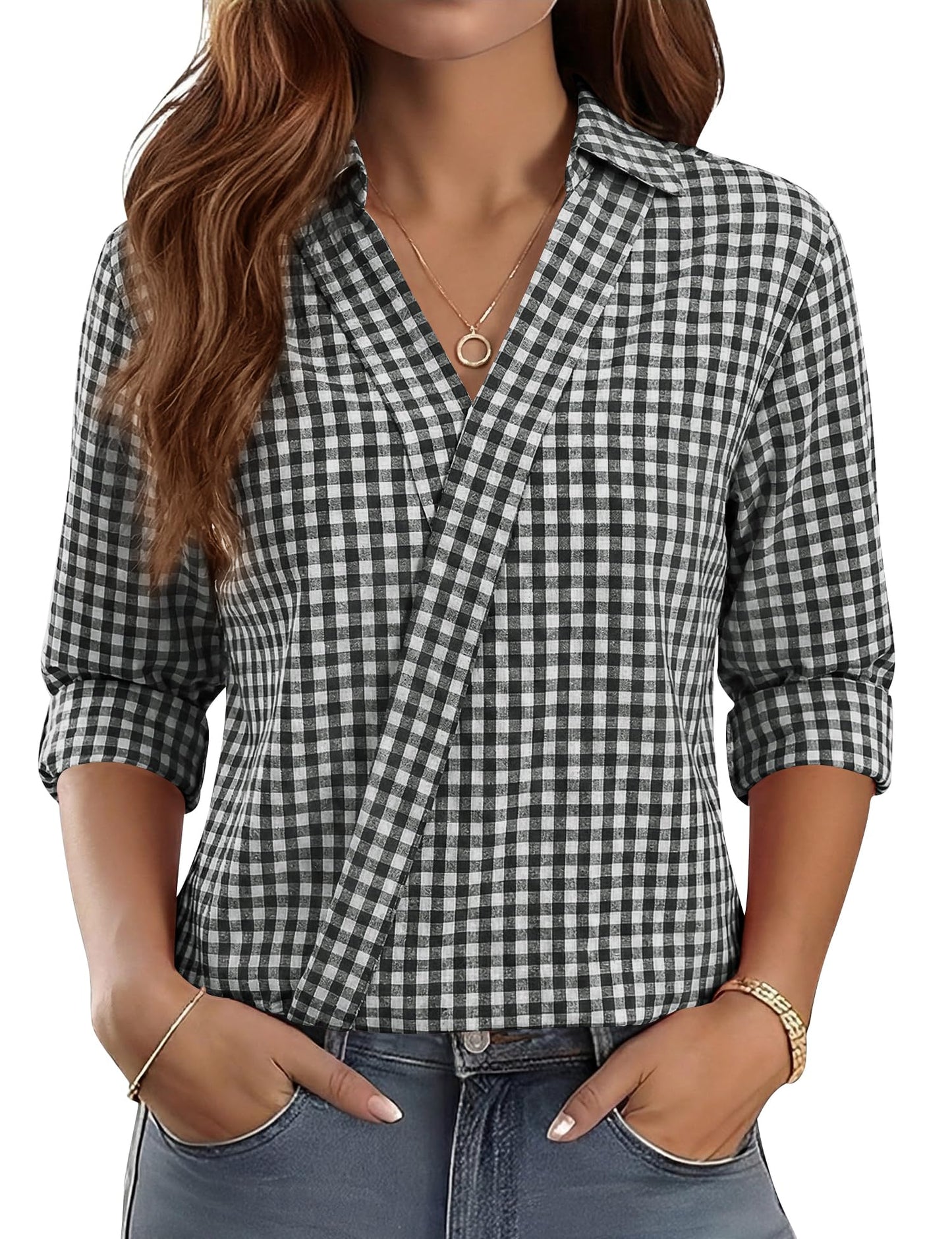 LOMON 3/4 Length Sleeve Womens Tops Dressy V Neck Collared Shirts Trendy Business Casual Work Blouses Vacation Outfits 2026