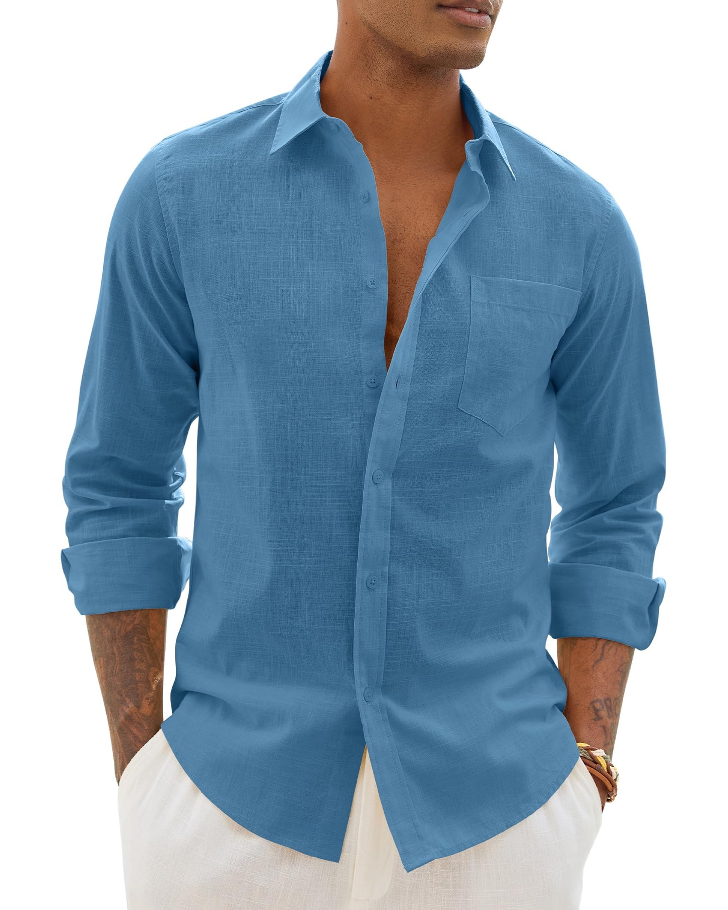 Alimens & Gentle Mens Cotton Linen Textured Shirt Long Sleeve Button Down Shirts Casual Summer Beach Wedding Tops with Pocket