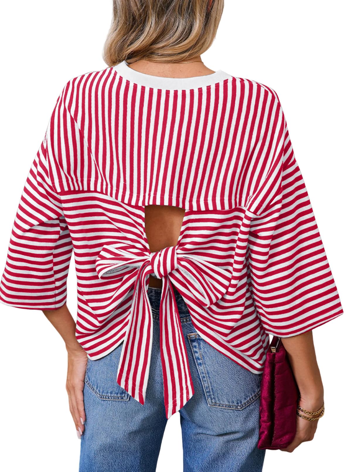 Dokotoo Womens Tops 2026 Striped Tie Back Short Sleeve T Shirts Crewneck Casual Loose Basic Tee Summer Outfits