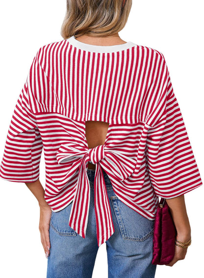 Dokotoo Womens Tops 2026 Striped Tie Back Short Sleeve T Shirts Crewneck Casual Loose Basic Tee Summer Outfits