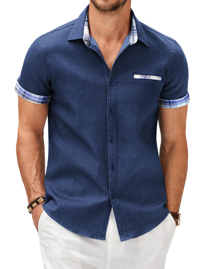 COOFANDY Men's Cotton Casual Short Sleeve Button Down Shirt Plaid Collar Denim Work Shirts
