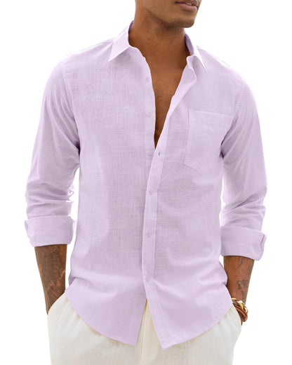 Alimens & Gentle Mens Cotton Linen Textured Shirt Long Sleeve Button Down Shirts Casual Summer Beach Wedding Tops with Pocket