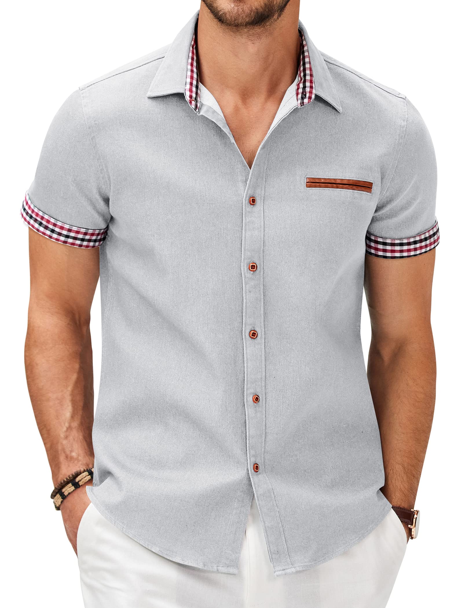 COOFANDY Men's Cotton Casual Short Sleeve Button Down Shirt Plaid Collar Denim Work Shirts