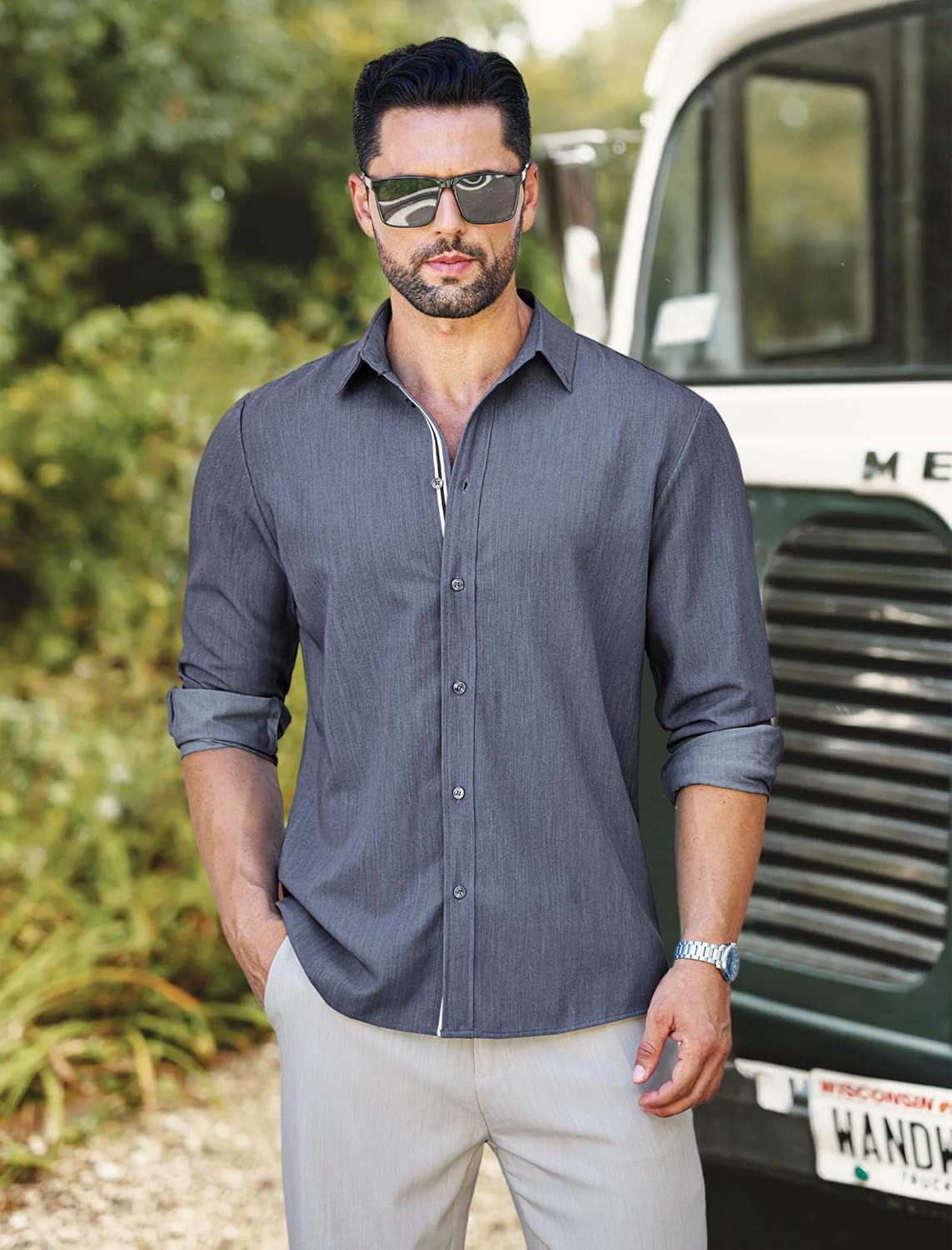 MAPICK Mens Untucked Dress Shirt Stretch Wrinkle Free Button Down Shirt Long Sleeve Business Casual Lightweight Denim Texture