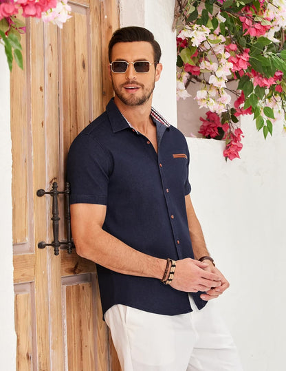COOFANDY Men's Cotton Casual Short Sleeve Button Down Shirt Plaid Collar Denim Work Shirts