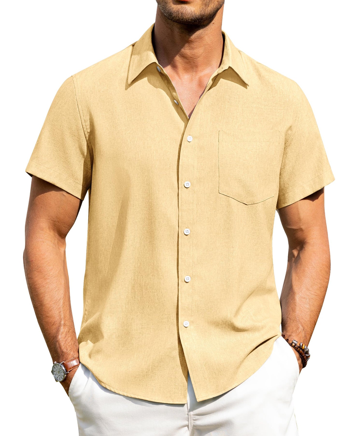 Alimens & Gentle Mens Linen Shirts Short Sleeve Button Down Shirts Wrinkle Free Casual Vacation Beach Summer Tops