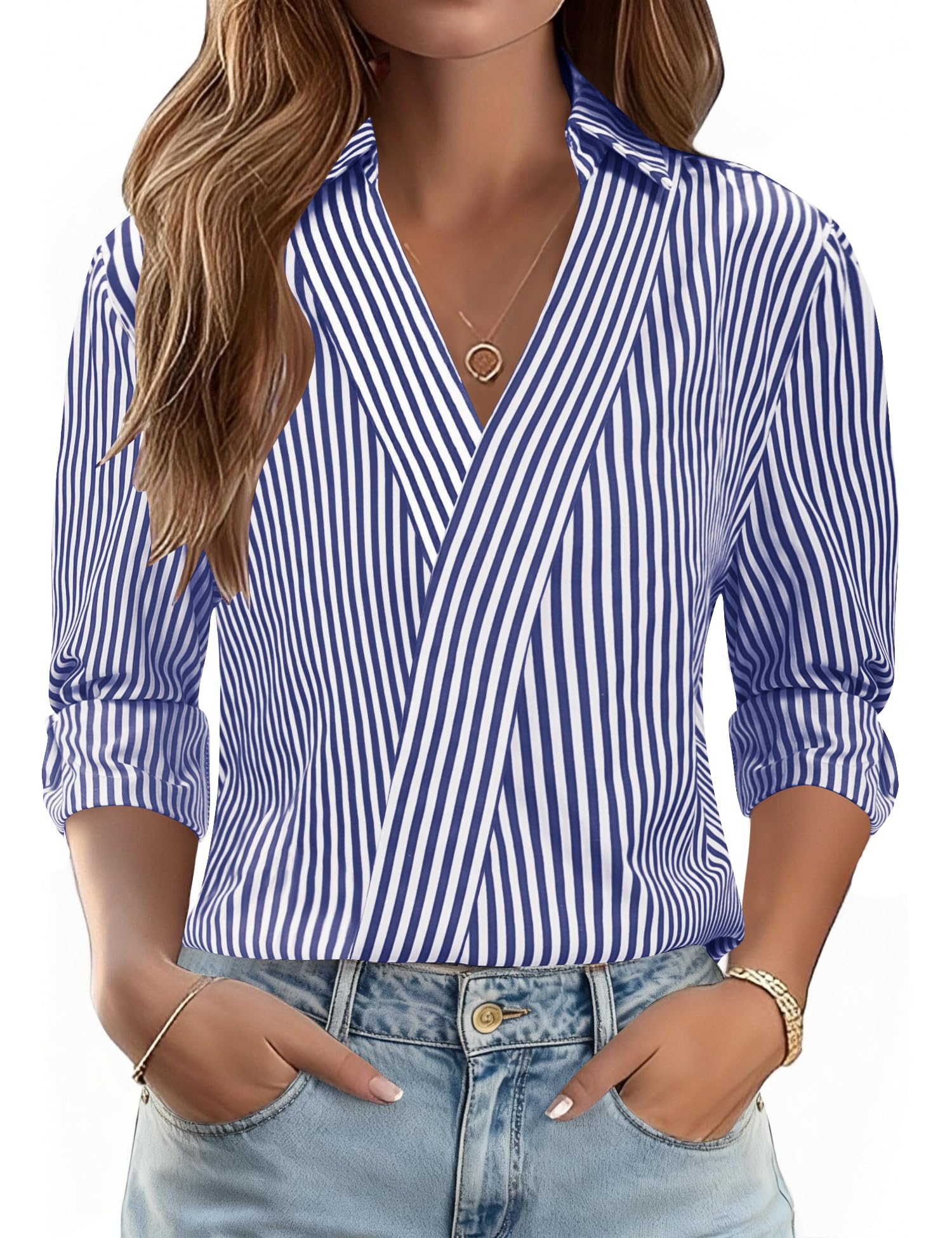 LOMON 3/4 Length Sleeve Womens Tops Dressy V Neck Collared Shirts Trendy Business Casual Work Blouses Vacation Outfits 2026