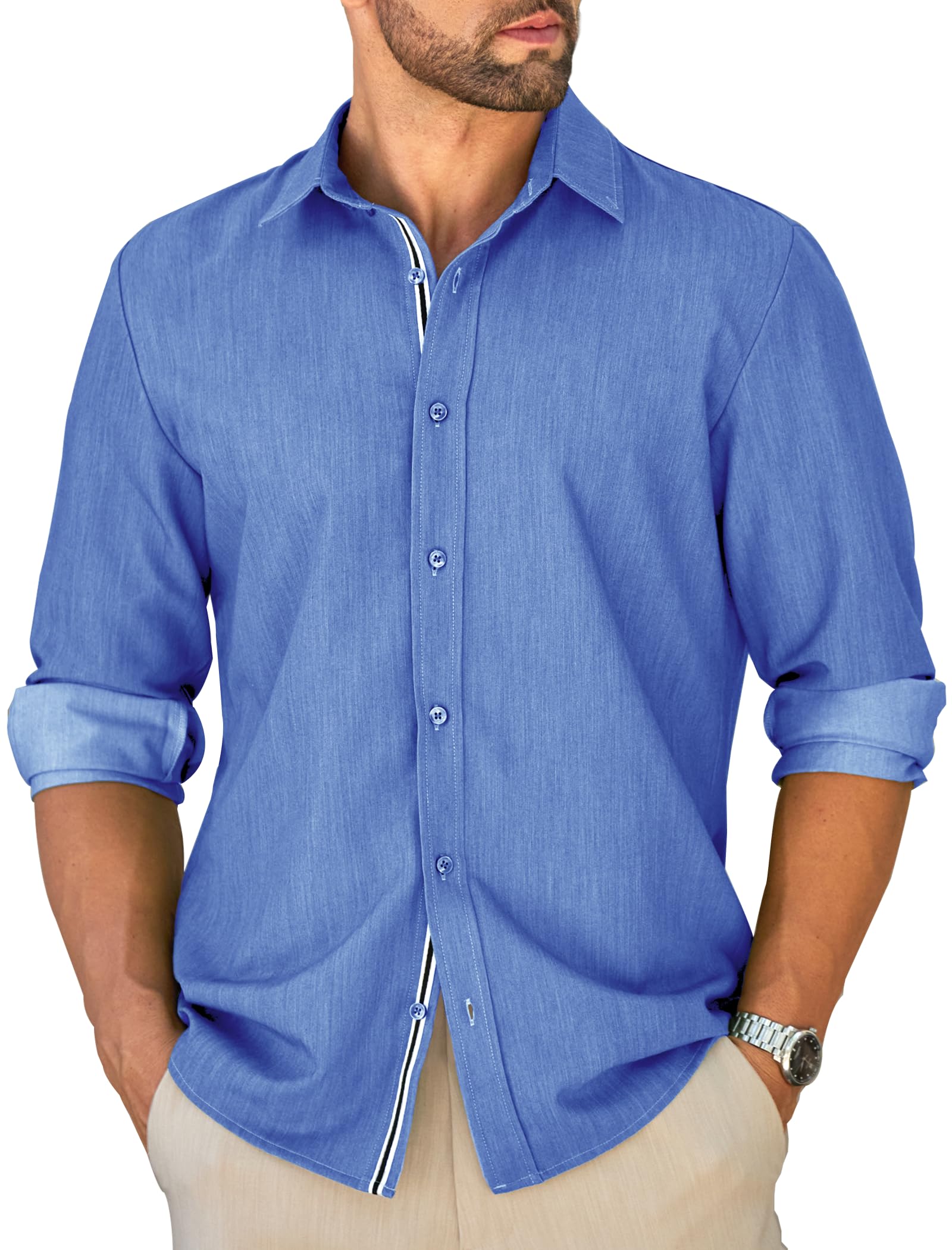 MAPICK Mens Untucked Dress Shirt Stretch Wrinkle Free Button Down Shirt Long Sleeve Business Casual Lightweight Denim Texture