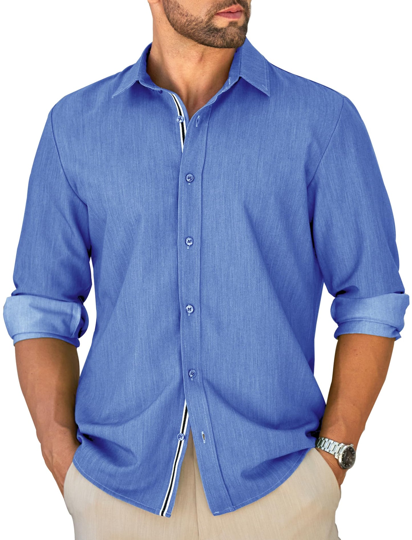MAPICK Mens Untucked Dress Shirt Stretch Wrinkle Free Button Down Shirt Long Sleeve Business Casual Lightweight Denim Texture