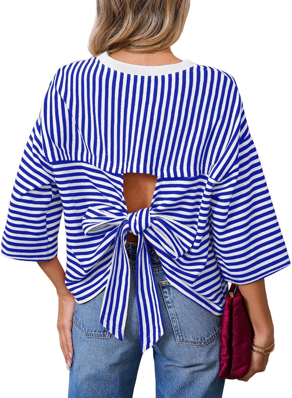 Dokotoo Womens Tops 2026 Striped Tie Back Short Sleeve T Shirts Crewneck Casual Loose Basic Tee Summer Outfits