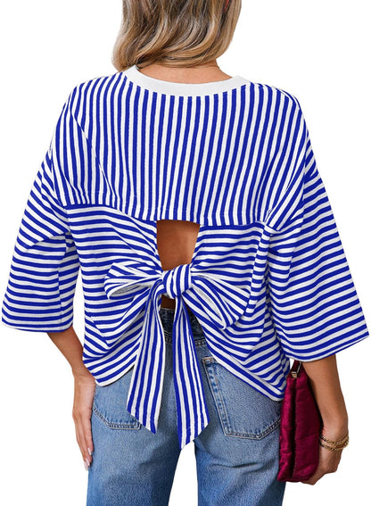 Dokotoo Womens Tops 2026 Striped Tie Back Short Sleeve T Shirts Crewneck Casual Loose Basic Tee Summer Outfits