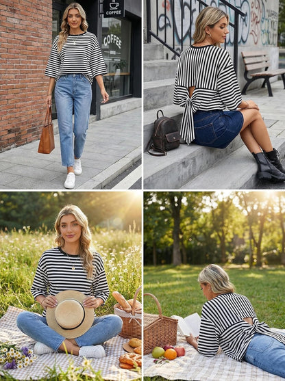 Dokotoo Womens Tops 2026 Striped Tie Back Short Sleeve T Shirts Crewneck Casual Loose Basic Tee Summer Outfits