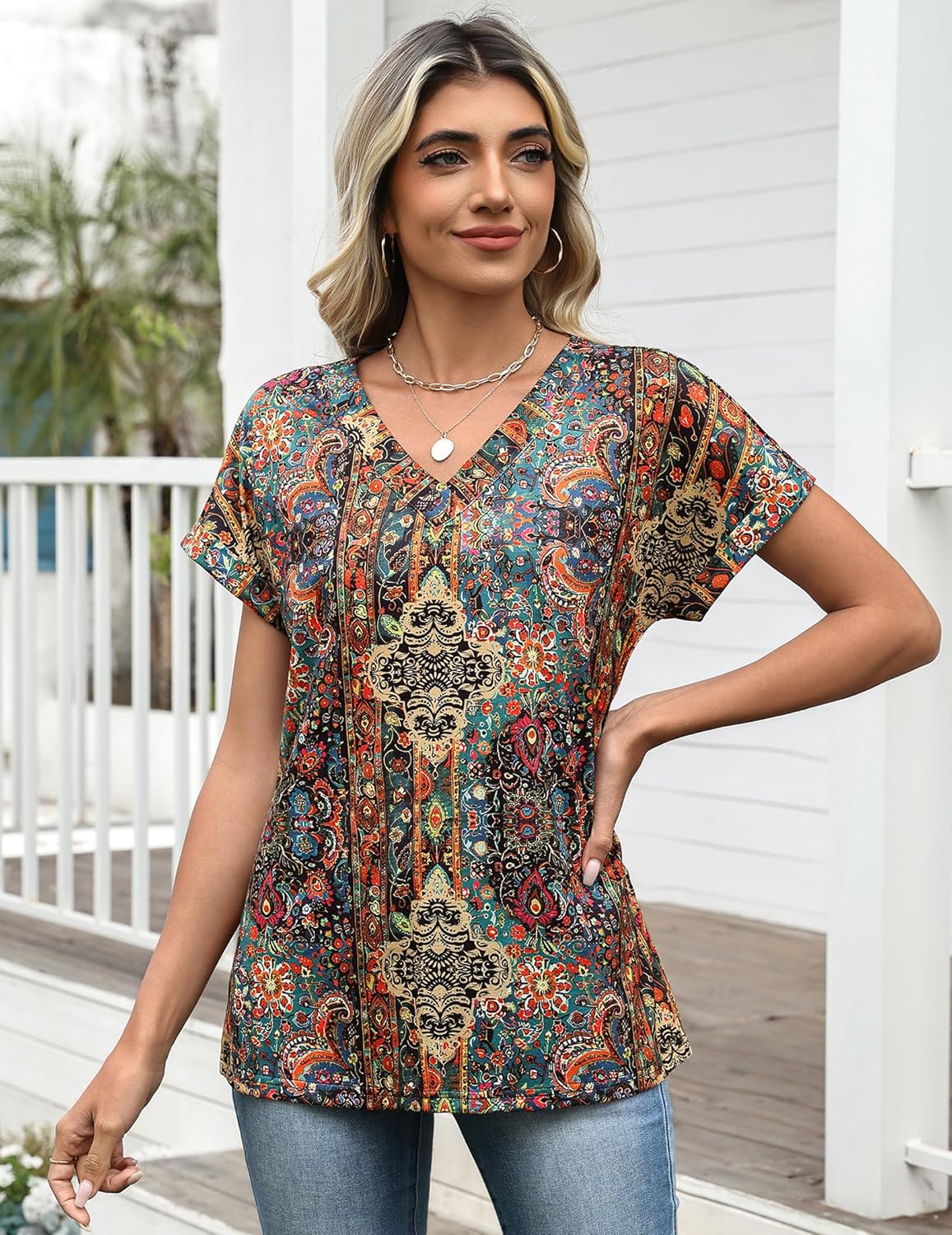 Zeagoo Womens Summer Tops Rolled Short Sleeve V Neck Shirts Casual Dressy Business Work Blouses Outfits