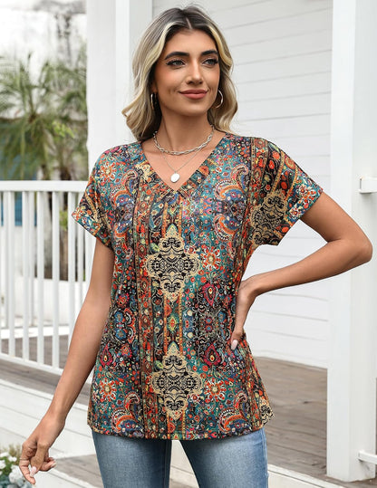 Zeagoo Womens Summer Tops Rolled Short Sleeve V Neck Shirts Casual Dressy Business Work Blouses Outfits