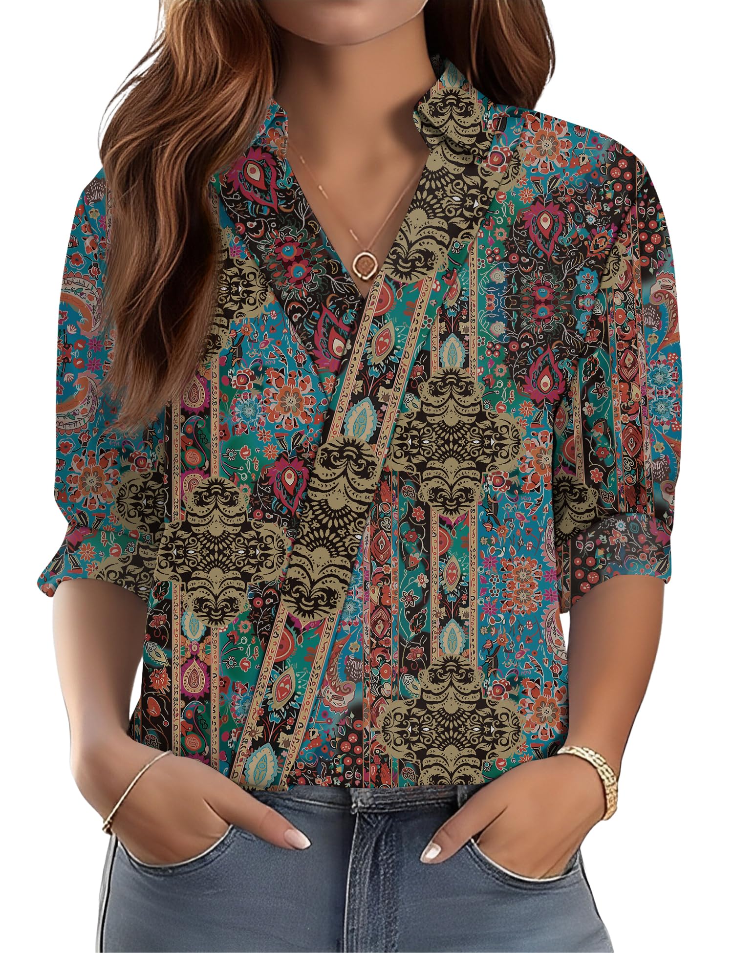 LOMON 3/4 Length Sleeve Womens Tops Dressy V Neck Collared Shirts Trendy Business Casual Work Blouses Vacation Outfits 2026