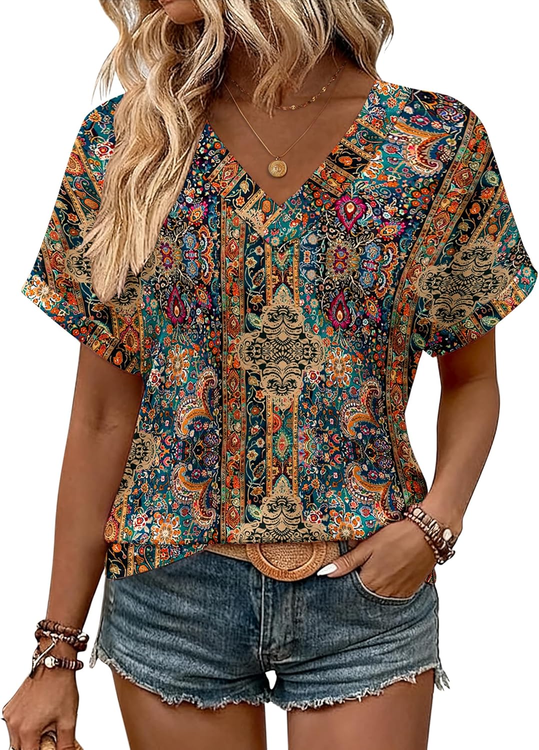 Zeagoo Womens Summer Tops Rolled Short Sleeve V Neck Shirts Casual Dressy Business Work Blouses Outfits