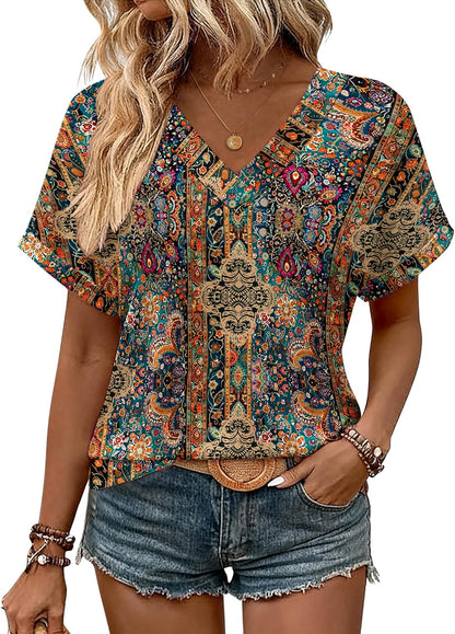 Zeagoo Womens Summer Tops Rolled Short Sleeve V Neck Shirts Casual Dressy Business Work Blouses Outfits